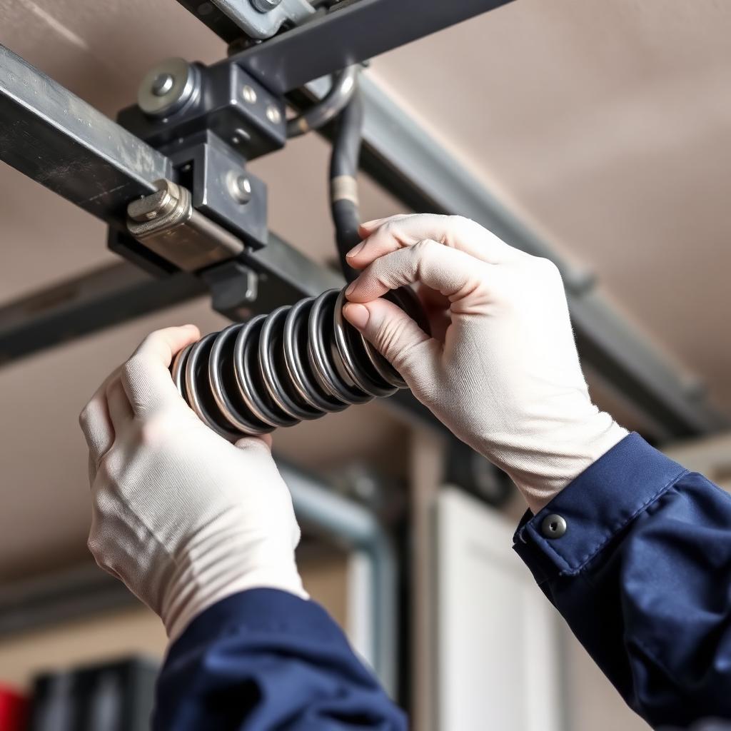 Technician replacing torsion spring